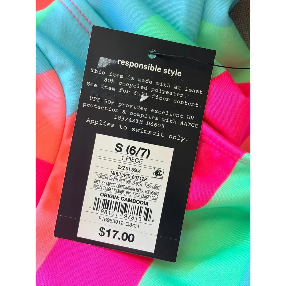 Art Class Multicolor Stripe Back Zip 1pc Swim Bathing Suit Small 6/7 NEW NWT